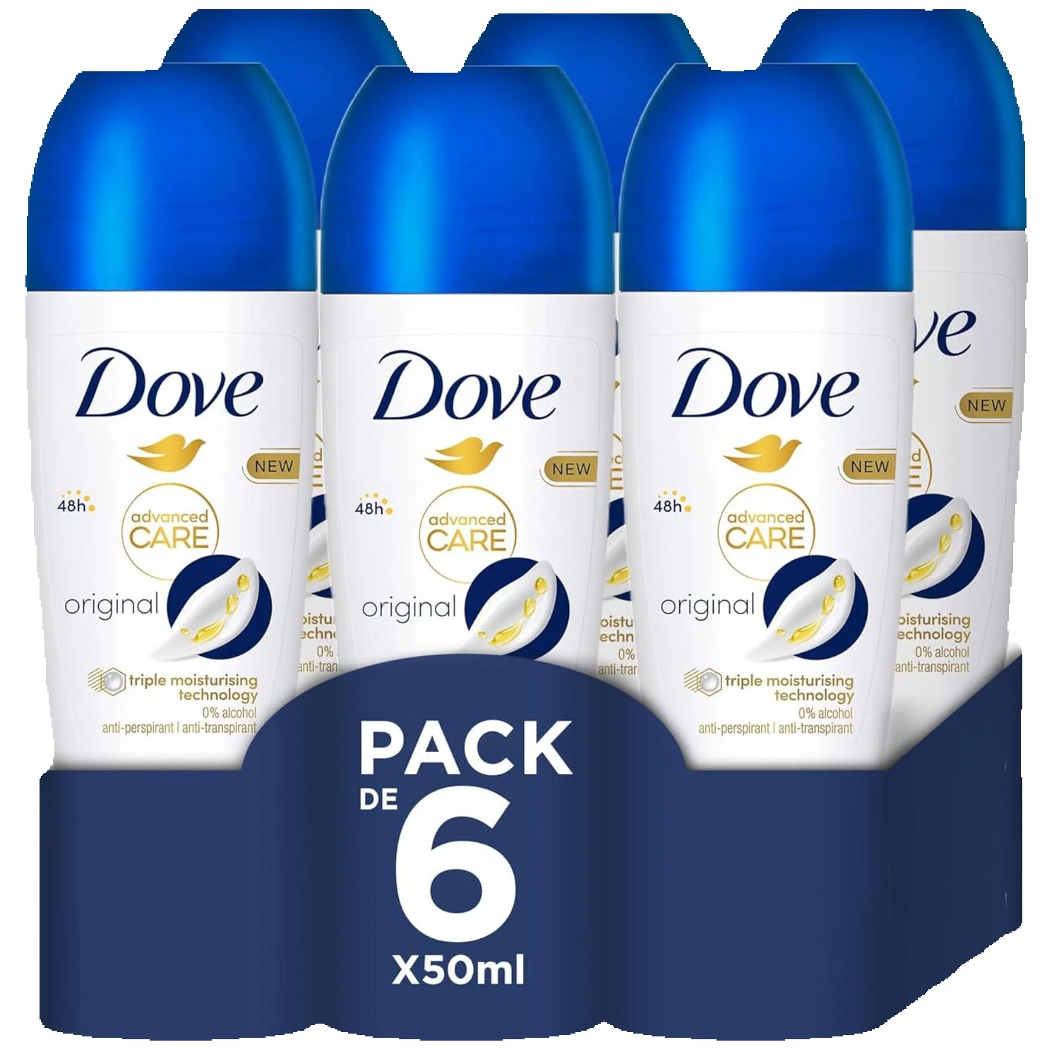 Dove Advanced Care Desodorante Mujer Roll-On 48h Sin Alcohol – Pack 6 × 50 ml