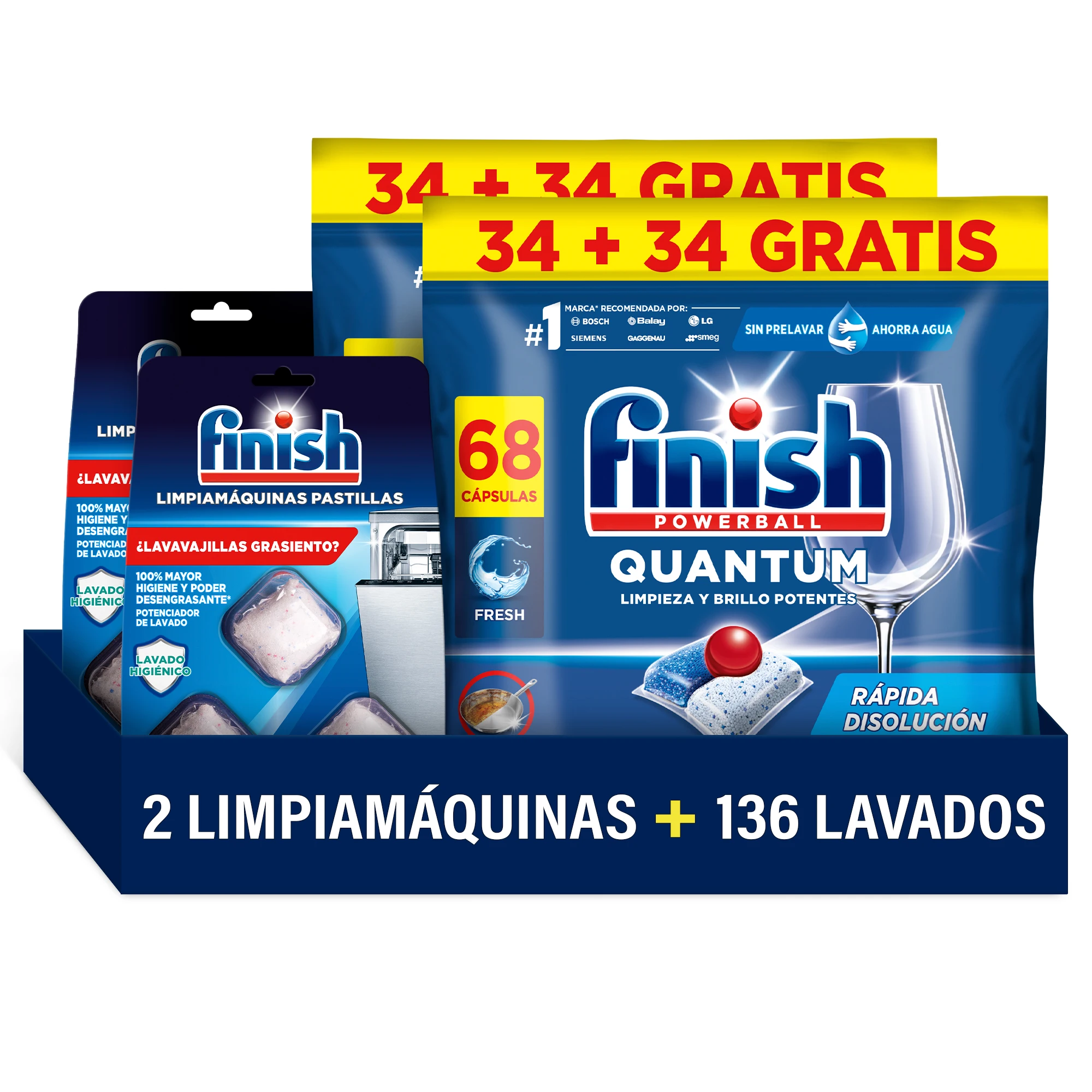 Finish Powerball Quantum 136 Pastillas para Lavavajillas + 6x Limpiamáquinas en Pastillas, Limpieza y Brillo Potentes, Aroma Regular Formato 2x68