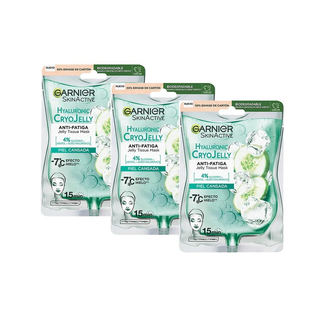 Garnier Tissue Mask Hyaluronic Cryo Jelly Antifatiga para pieles cansadas. 4% de Glicerina + Mentol + Ácido Hialurónico.