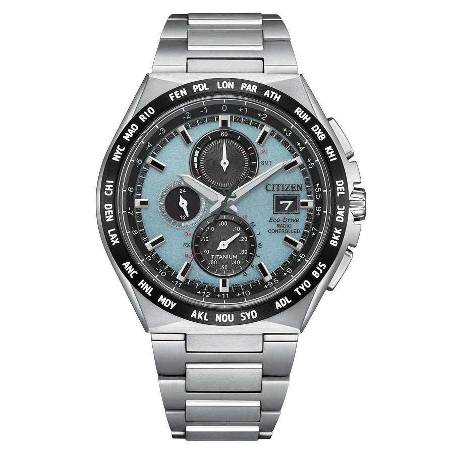 Citizen Analog Solar Watch for Men with Titanium Band AT8238-84M, features gray titanium case, sapphire crystal, water-resistant up to 10ATM, and includes eco-drive technology with chronograph and world time for 26 cities. #1