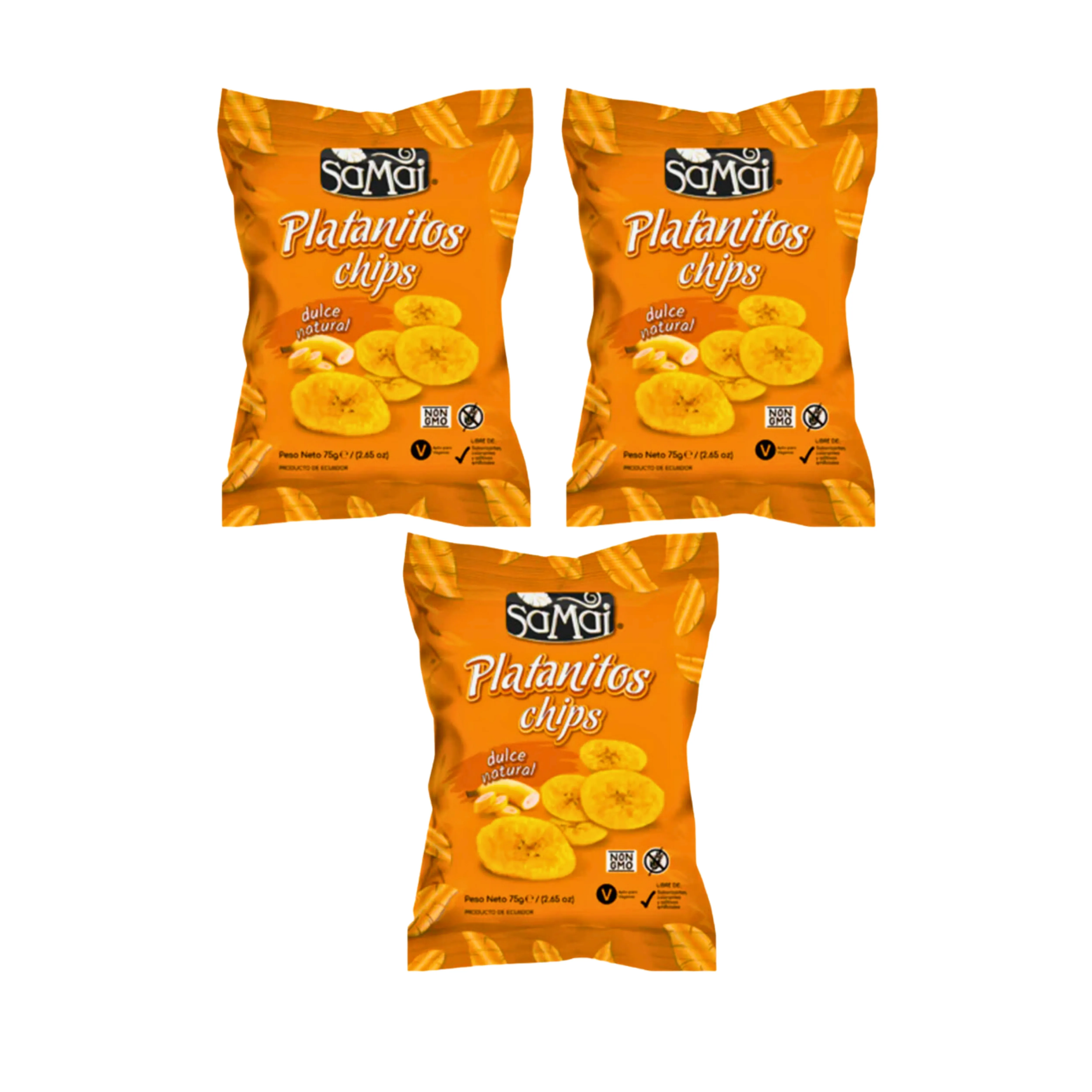3 PACKAGE SAMAI PALATANITE CHIPS SWEET NATURAL FINE AND CRUJIENT TEXTURE WITHOUT GLUTEN 75G.ECUADOR