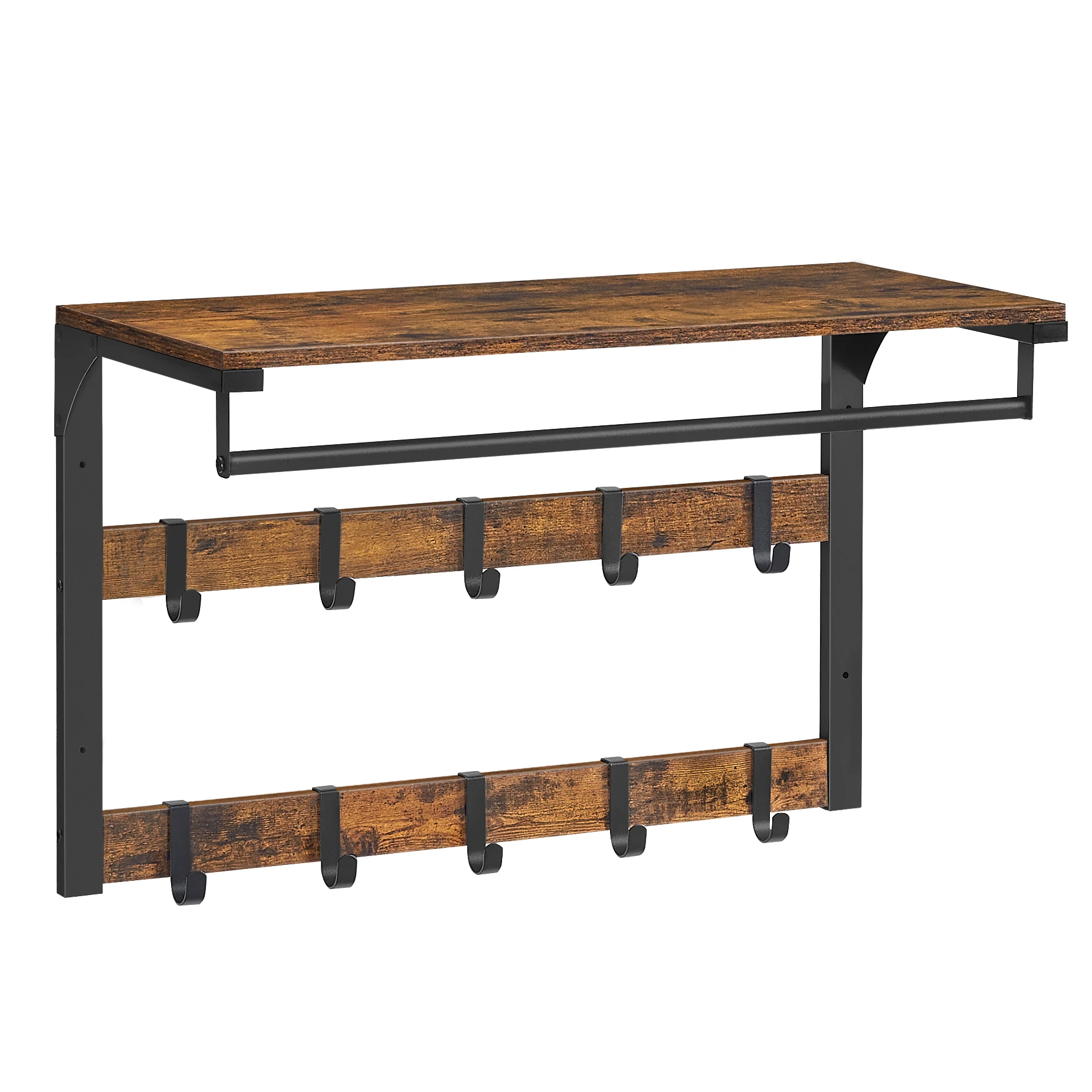VASAGLE Perchero de Pared, Perchero Colgante con 10 Ganchos Extraíbles, Doble Fila de Ganchos y Barra de Colgar, para Pasillo, Dormitorio, Baño, Marrón Rústico y Negro/Greige y Negro/Roble y Blanco
