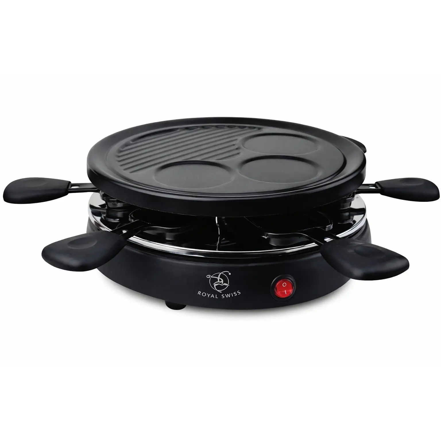 Royal Swiss Raclette Grill 800W – Parrilla Eléctrica con 6 Sartenes Individuales, Superficie Antiadherente y Mangos Cool Touch – Ideal para 6 Personas