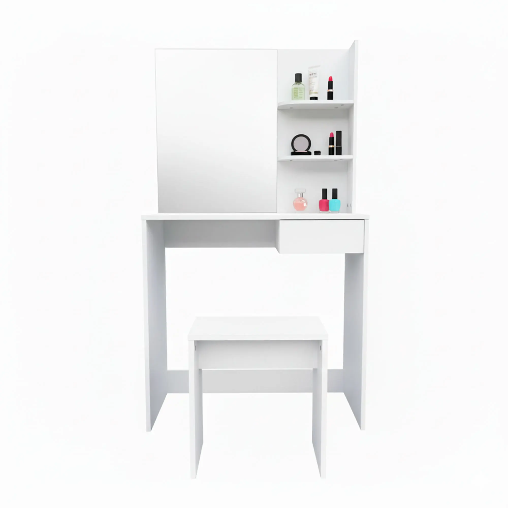 Tocador Blanco con Espejo, Cajón y Estantes Laterales | Incluye Taburete | Diseño Moderno Minimalista | Medidas 75x40x137 cm | Ideal para Dormitorio