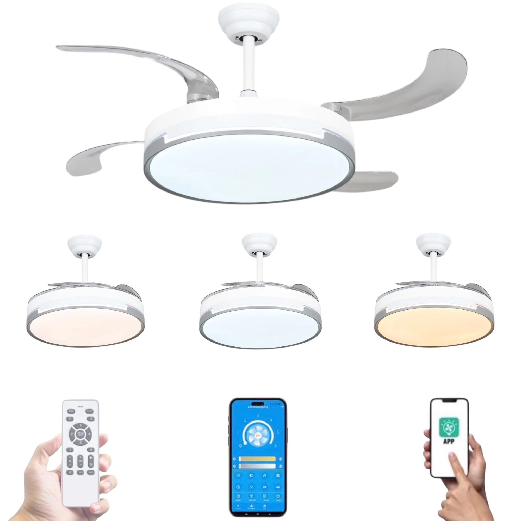 Ceiling fan with led light 36w white in 3 light temperatures with remote control - efficient and silent dc motor, 3 shades, retractable folding blades, 6 speeds, remote control, memory, timer (fan-001 6990 d7)