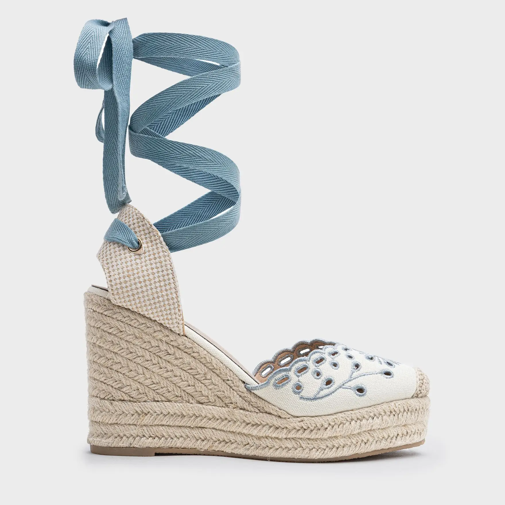 Alpargatas Mujer Cuña Bordado Floral con Cintas – Sandalias Valencianas Plataforma Esparto Verano
