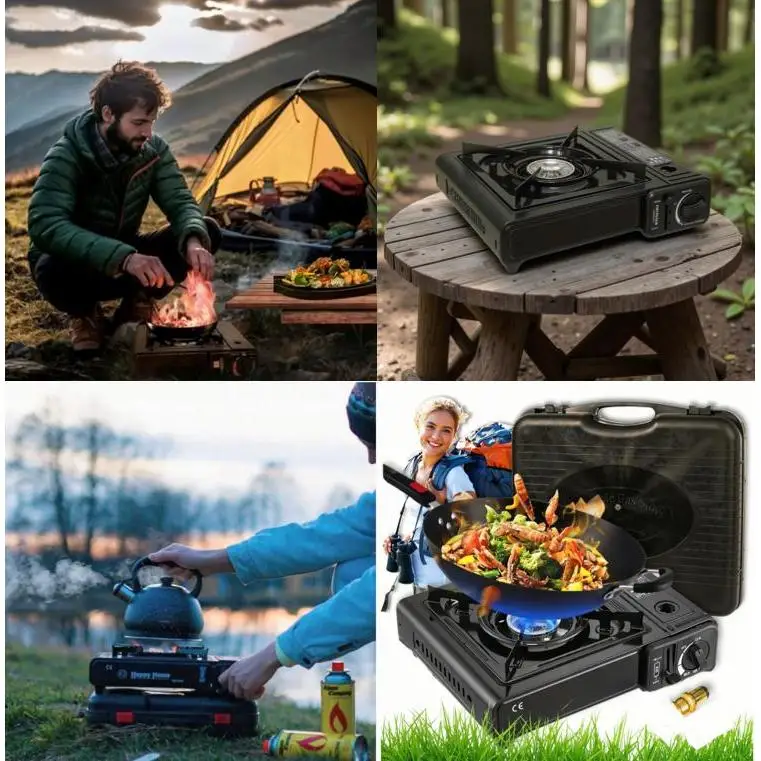 Portable butane gas cooker, portable gas stove, camping stove with case, 2 in 1 kitchen, available butane use, cartridge lock system, flame control