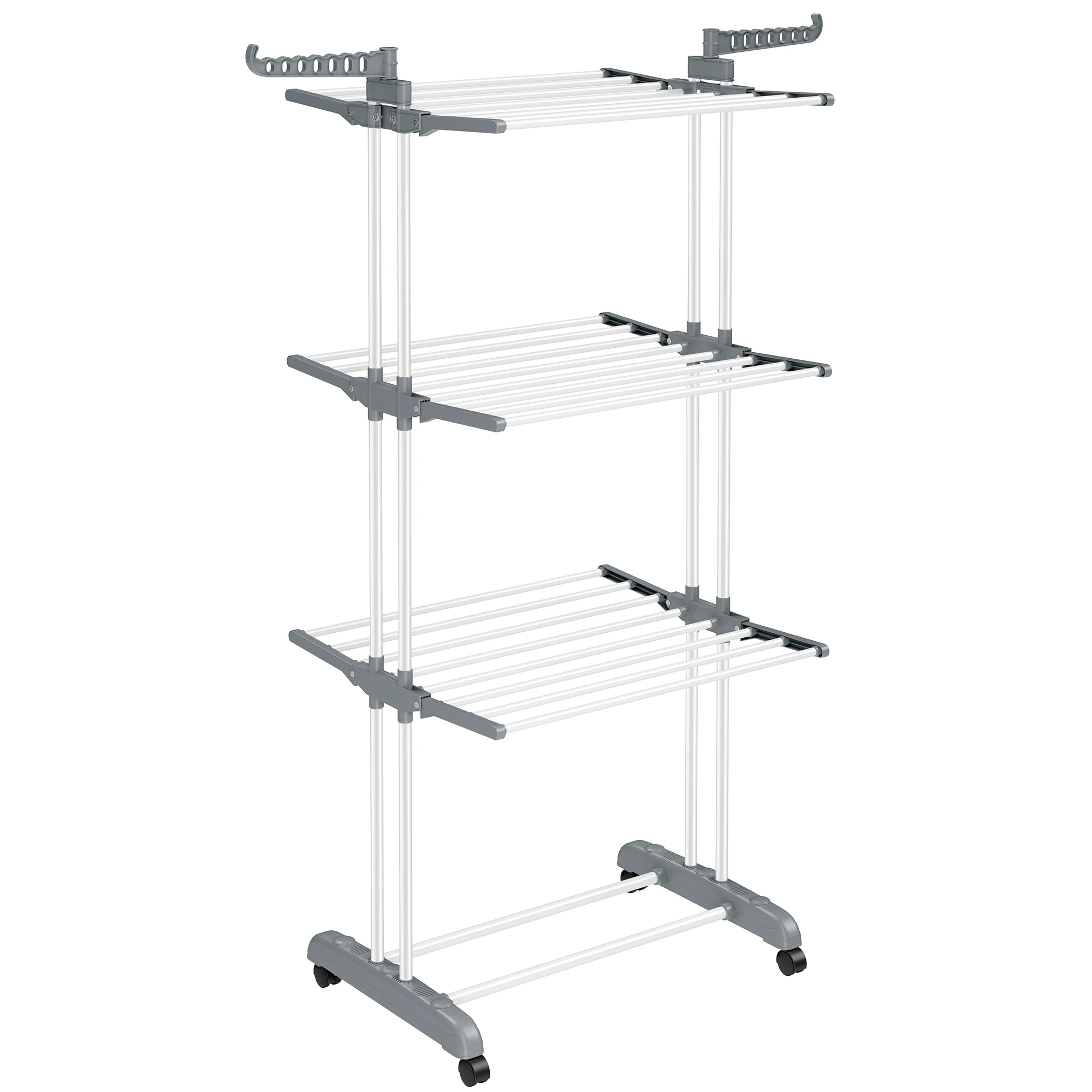 SONGMICS Tendedero, Tendedero Plegable de 4 Niveles, Tendedero Móvil, con Ruedas, Alas Plegables, 64 x 126 x 172 cm, Gran Capacidad, Montaje Fácil, Uso Interior y Exterior, Blanco/Gris/Negro Tinta