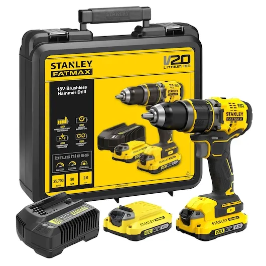 STANLEY SFMCD721D2K-QW - Taladro Percutor Brushless V20 Li-Ion 18V con 2 Baterías 2Ah, CARGADOR 2A y Maletín