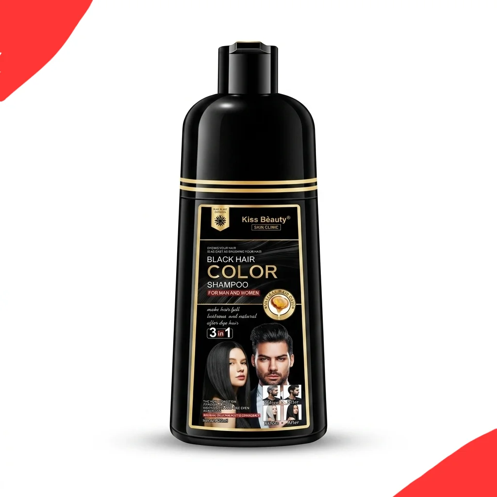 Kiss Beauty Skin Clinic - Champú colorante negro 3 en 1 para cubrir canas, con aceite de argán y aloe vera, fórmula vegetal suave para hombre y mujer – 420 ml