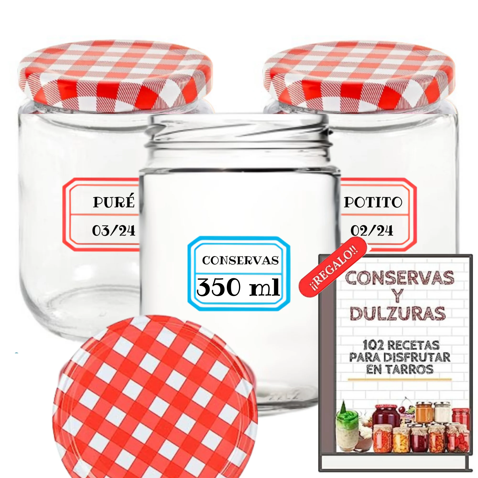 MundoTarros - 12 Tarros de Cristal de 350 ml con Tapas de Metal + EBook de 102 Recetas para Conservas - Frascos con Tapa de Rosca Metálica para Alimentos Caseros - Bote Estanco - Incluye Etiquetas -