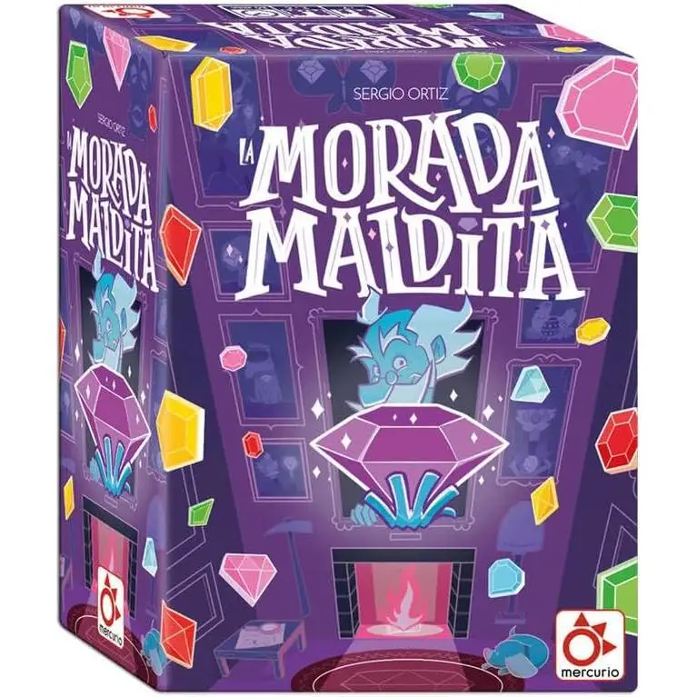 "La Morada Maldita" is a fast-paced Spanish board game for 2-6 players aged 7 and up, featuring 100 challenge cards, 65 gems, and a cursed purple jewel for thrilling family fun. #1