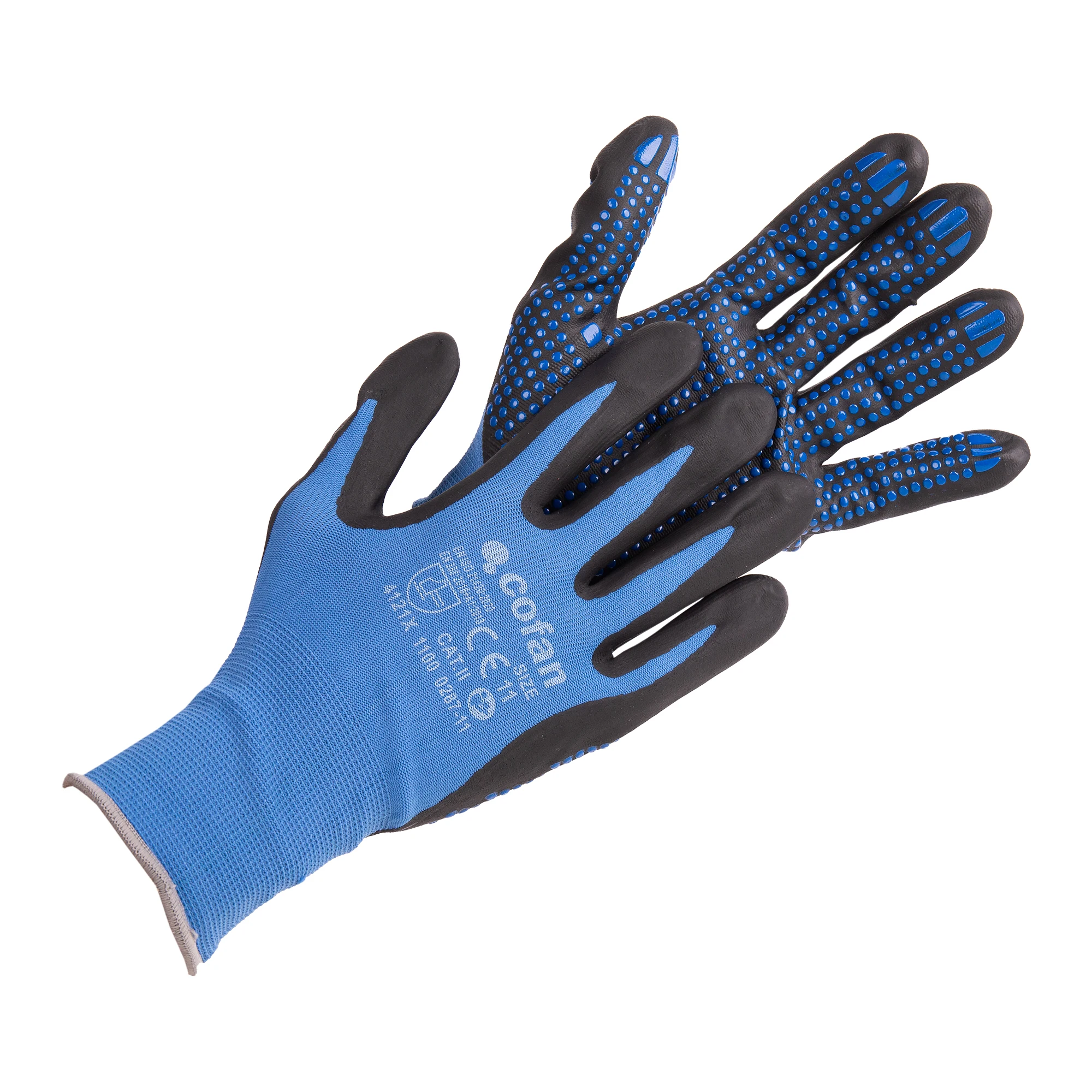 Cofan Guantes impregnados de nitrilo con puntos azules | Pack de 12 pares de guantes o formato unitario | Talla 6,7,8,9,10,11| Transpirables y antideslizantes | Protección EN 388-3232X