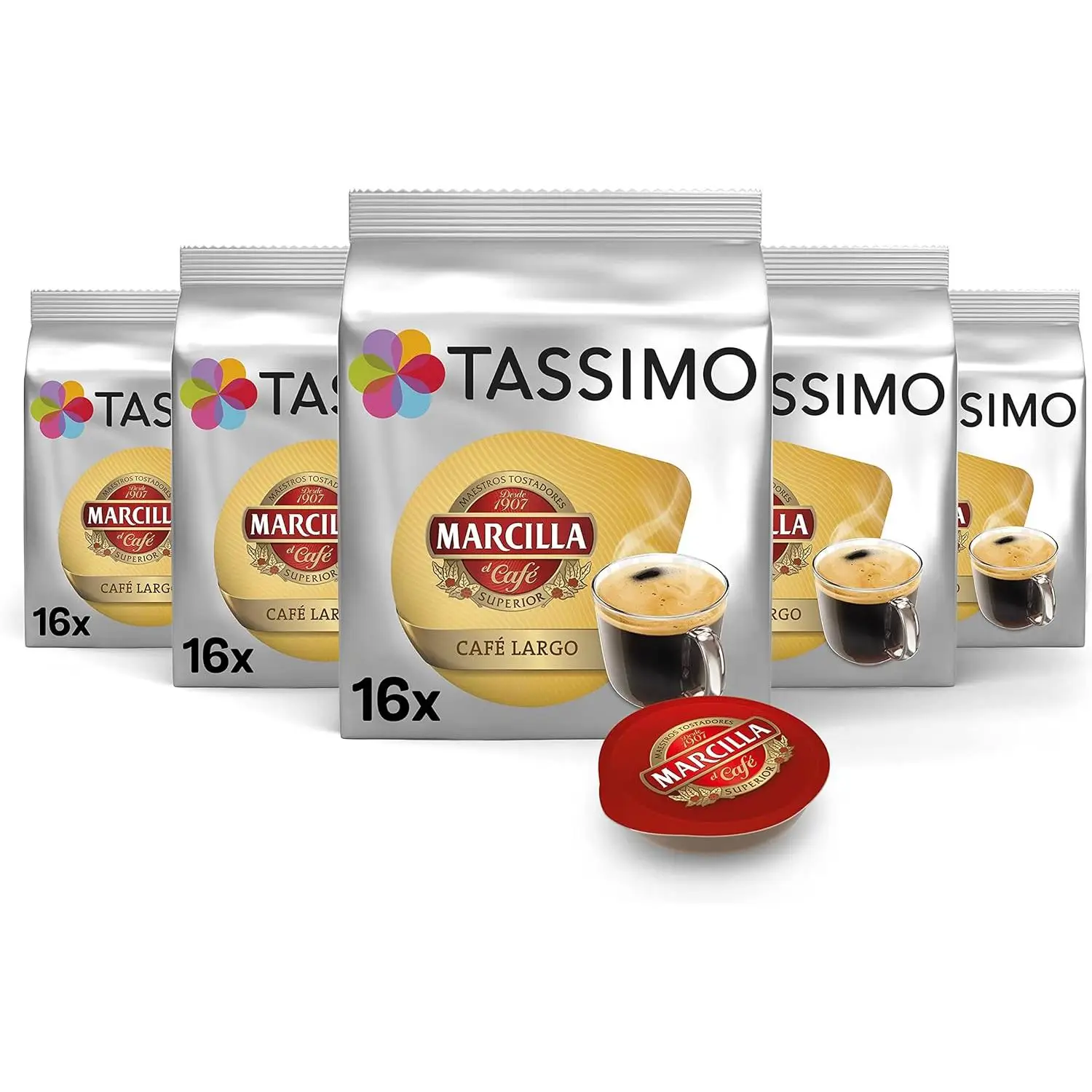 TASSIMO Marcilla Coffee Long Capsules-5 Packs of 16 Capsules, 80 Super Long Coffee Capsules