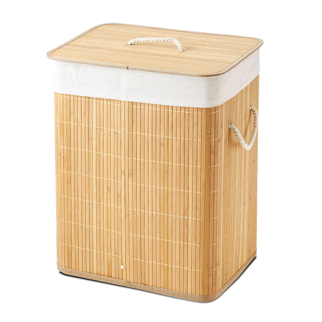 Accommodates textile-folding bamboo basket with lid and handles for laundry 60l capacity. Large laundry organizer basket with removable bag and washable wood Color 40x30x50 cm.