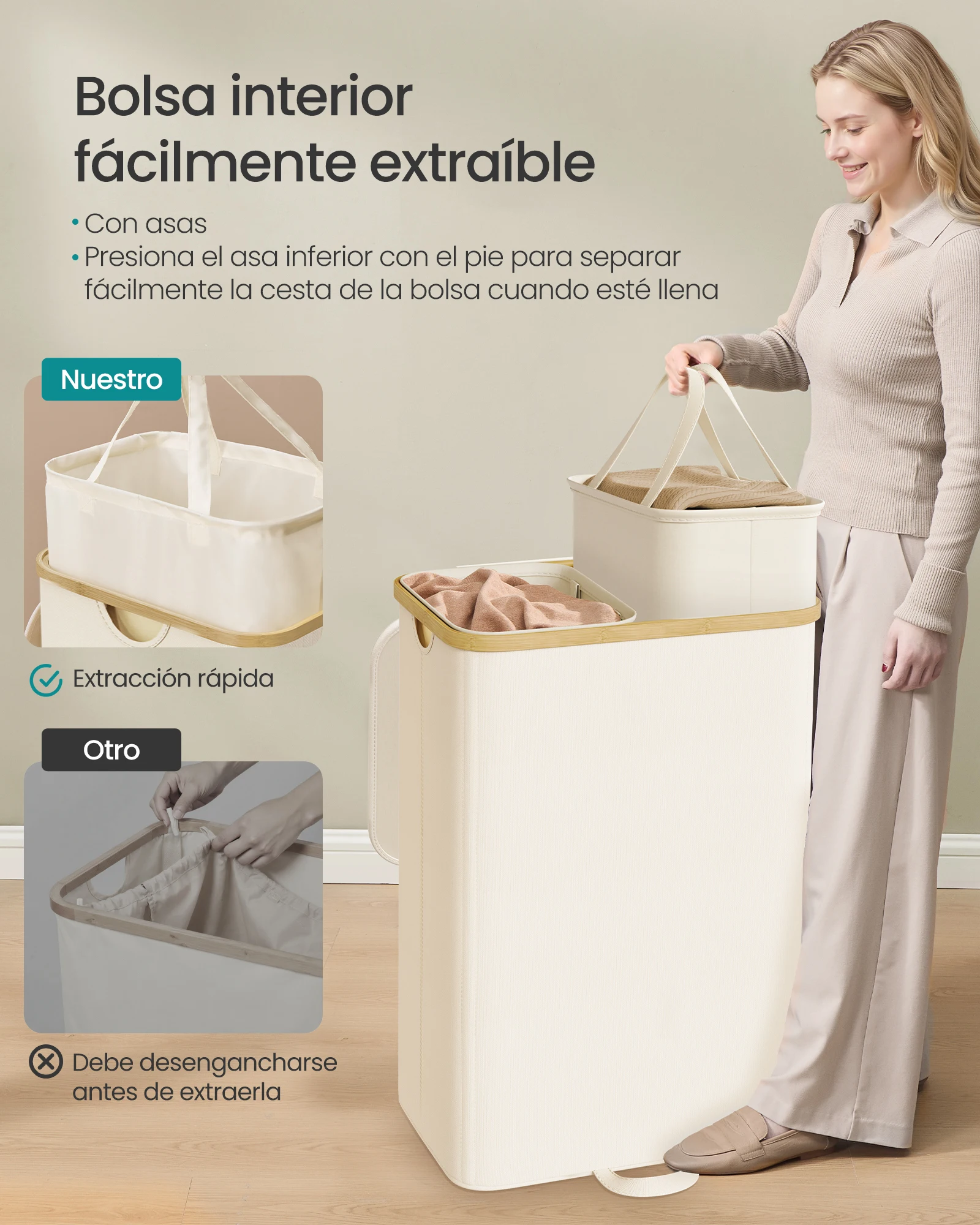 Cesto para la colada SONGMICS | 2 compartimentos, 150 L, blanco crema 🧺