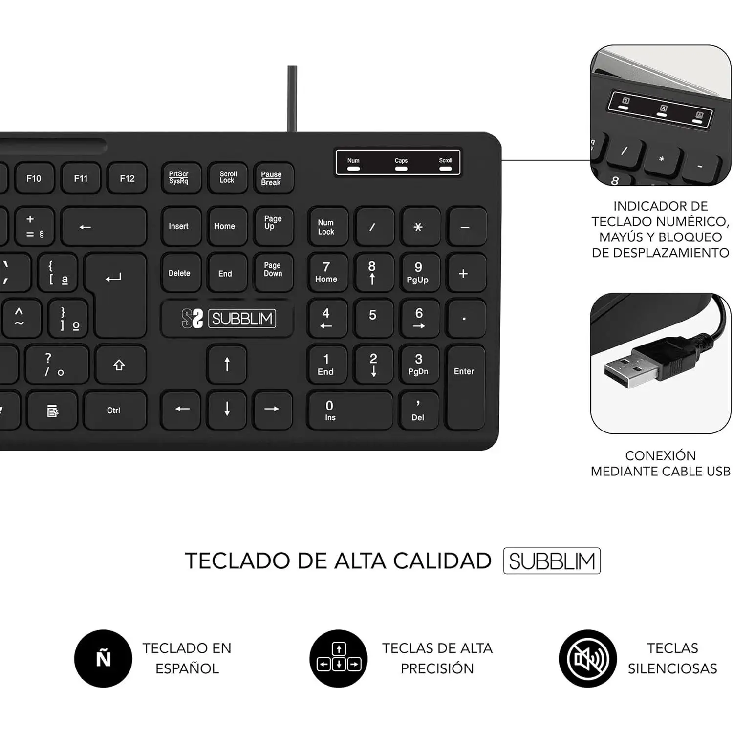 Subblim business slim silent, spanish keyboard distribution (qwerty), plug & play via usb, flat design, silent keying, black