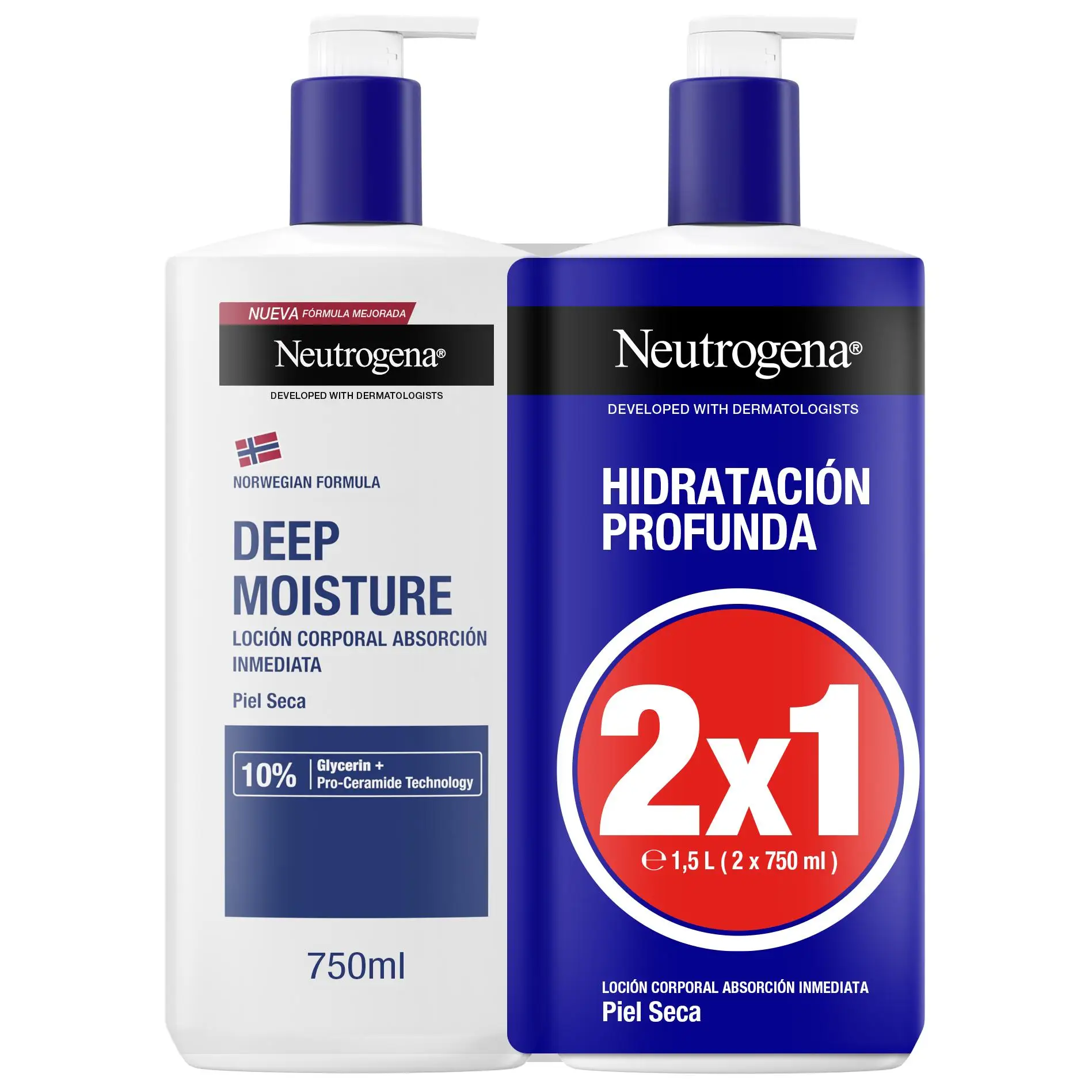 Neutrogena Hidratación Profunda - Crema Hidratante - Pack de 2 X 750 ml - Loción de Absorción Inmediata - Crema Hidratante Corporal con tecnología Pro-Ceramida y Glicerina para piel seca