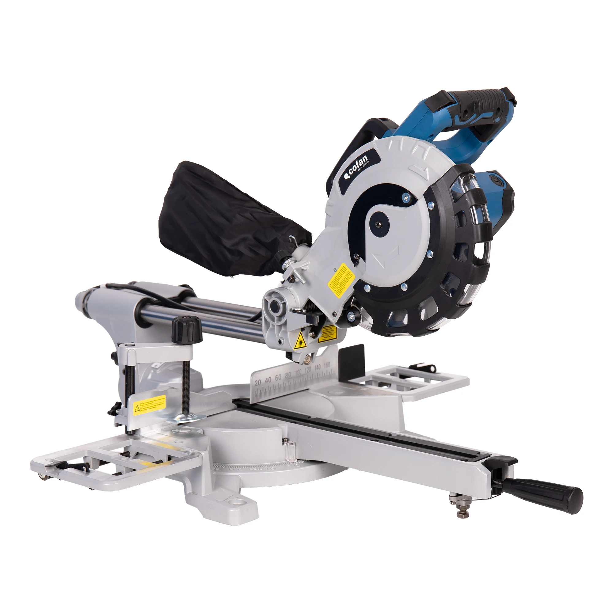 Cofan Ingletadora eléctrica con cable 1450 W Ø210 mm 5000 rpm, Corte doble bisel e inglete, guía láser, barra deslizante, bolsa de serrín, engranajes reforzados