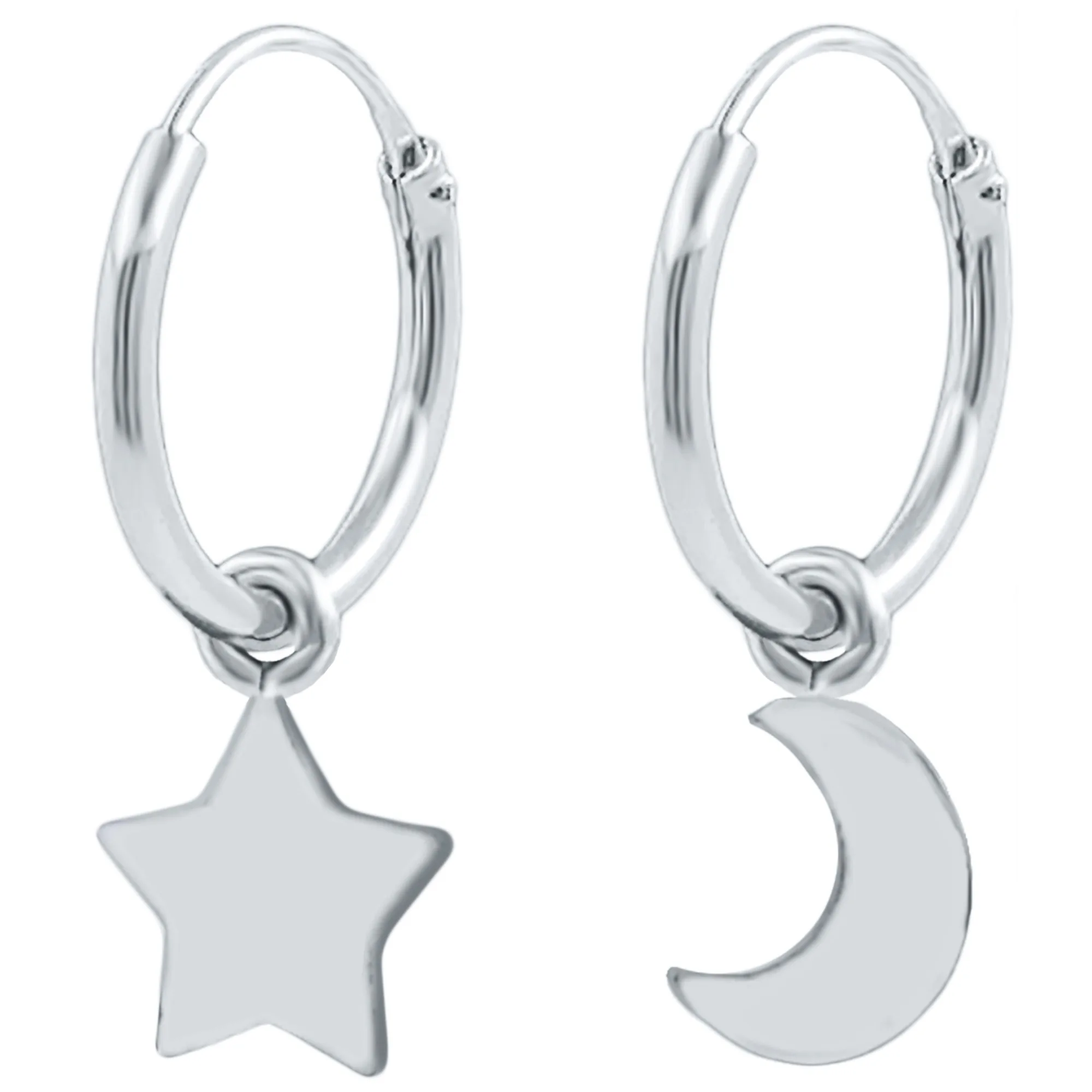 ENTREPLATA Pendientes Aros Plata De Ley 925 Mujer Chica Joven Media Luna y Estrella