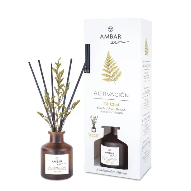 AMBAR Zen ambientador mikado Activación Té Chai con canela, nuez moscada, jengibre y vainilla frasco 40 ml incluye flor decorativa