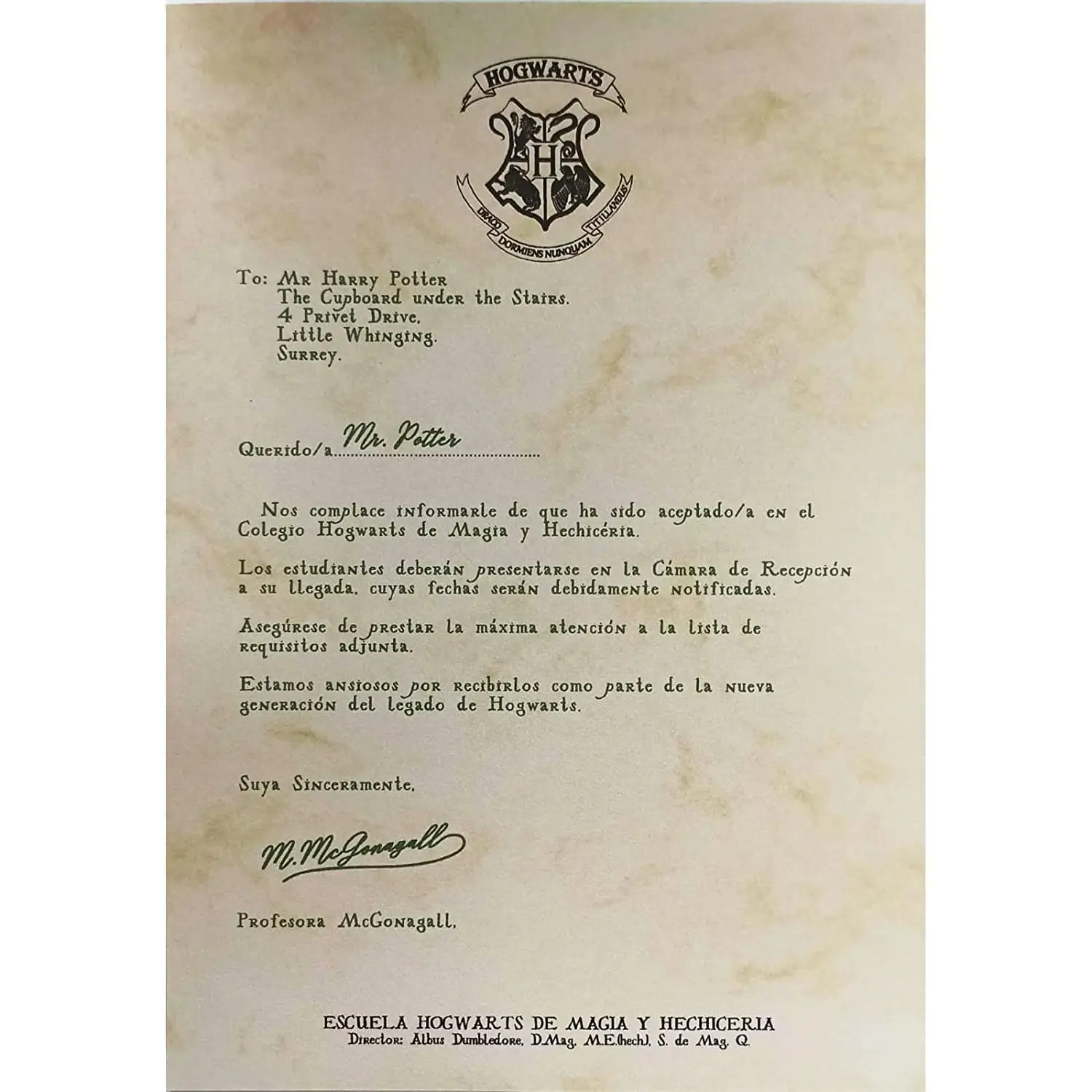 AKARURE Carta Aceptación Escuela de Magia en Español