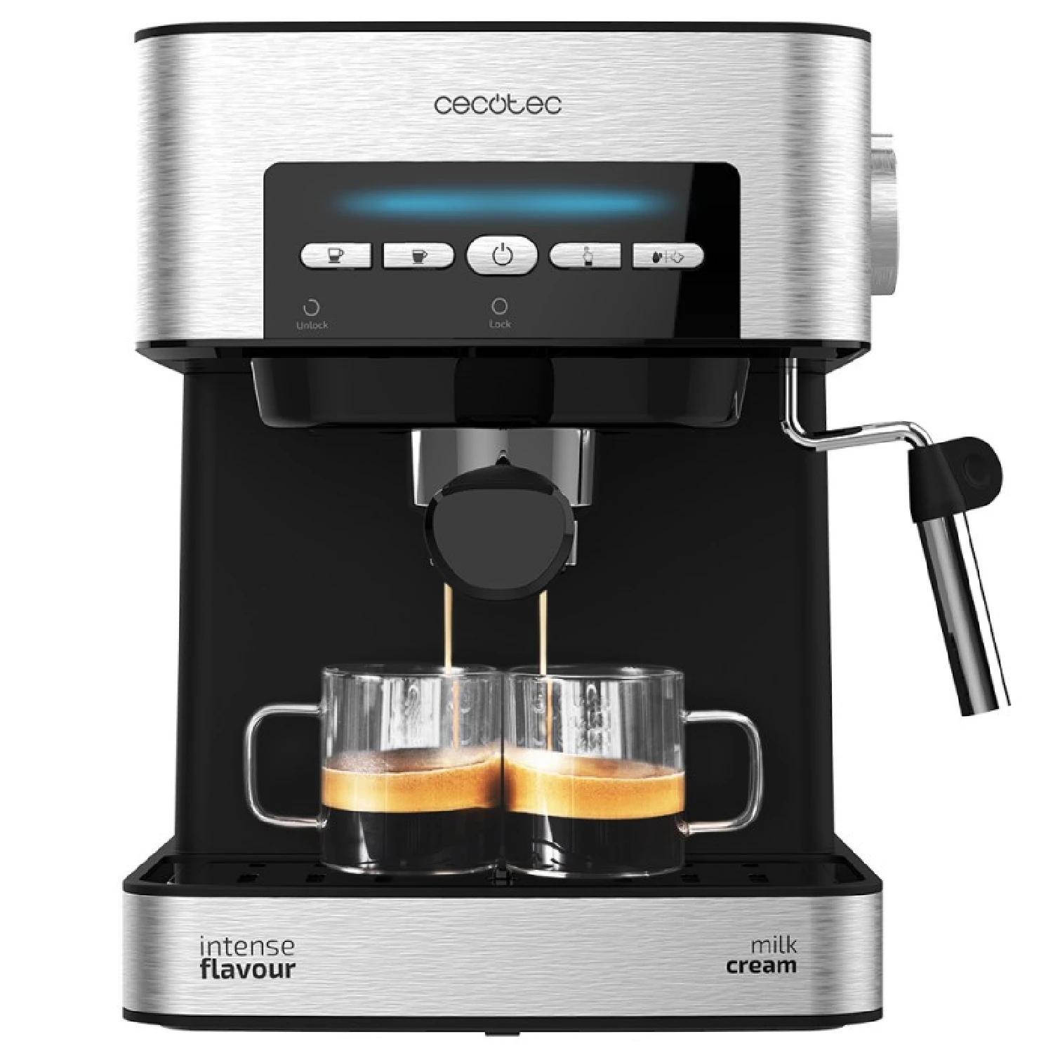 Cecotec Power Espresso 20 Matic digital espresso machine with 20 bar pressure, 850 W, and a 1.5L removable water tank, features an orientable milk frother for cappuccinos and automatic brewing mode for 1 or 2 cups.
