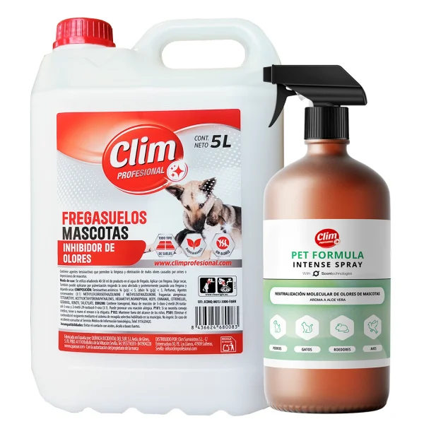 Pack especial mascotas: fregasuelos 5L y neutralizador olores mascotas 1L Clim Profesional
