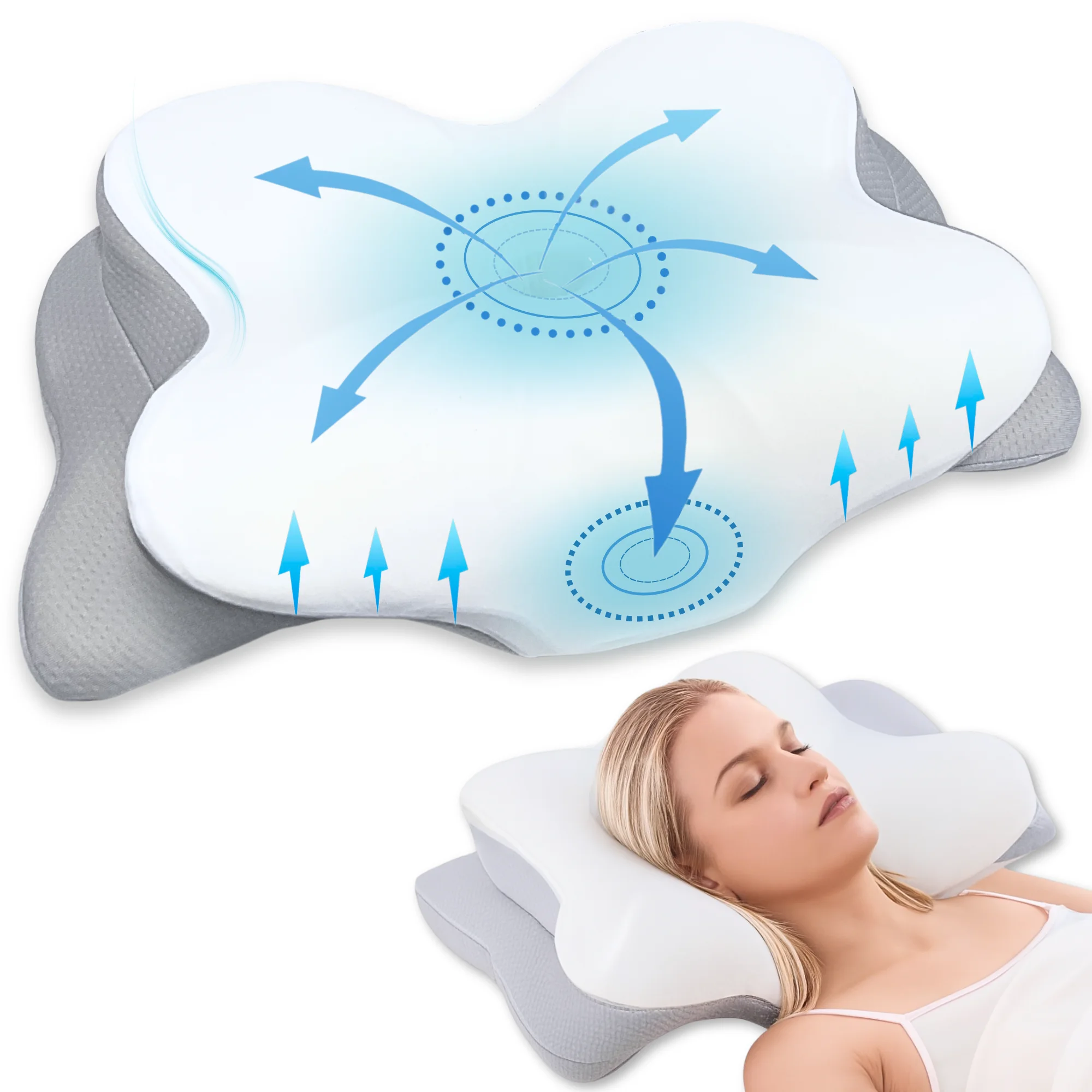 BUYLUX Almohada Cervicales y Cuello Ergonómica 2en1 Premium | Almohada Viscoelastica Cervical Antironquidos para Dormir de Lado o Boca Arriba para Viaje | Pillow para Dolor de Cuello y Dormir Mejor
