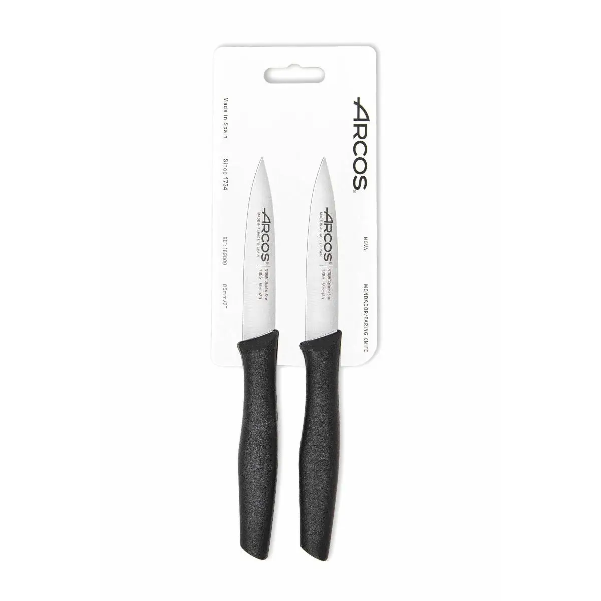 Arcos Serie Nova - Set 2 pzas. Cuchillos Mondadores - Hoja de Acero Inoxidable de 85 mm - Mango de Polipropileno Color negro