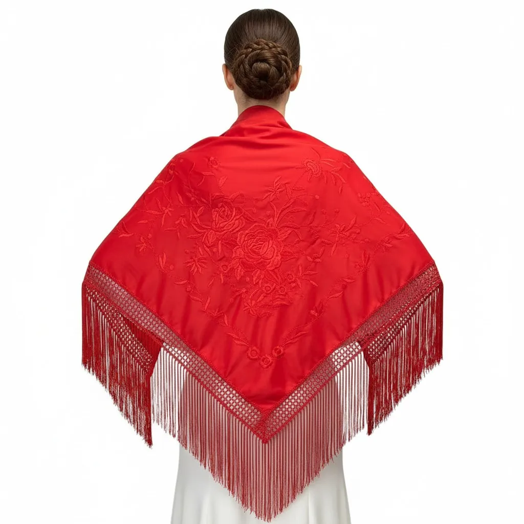 Mantón de flamenco de color rojo con los bordados de floral mismo tono