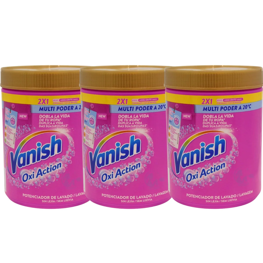 OFERTA ESPECIAL Pack de 3 Vanish Oxi Action 900g – Total 2,700 KILOS Potente Quitamanchas en Polvo para Ropa: Optimiza el Lavado, Elimina Olores y Desafía las Manchas Más Difíciles. Limpieza Profunda para Ropa sin Manchas con Vanish Oxi Action