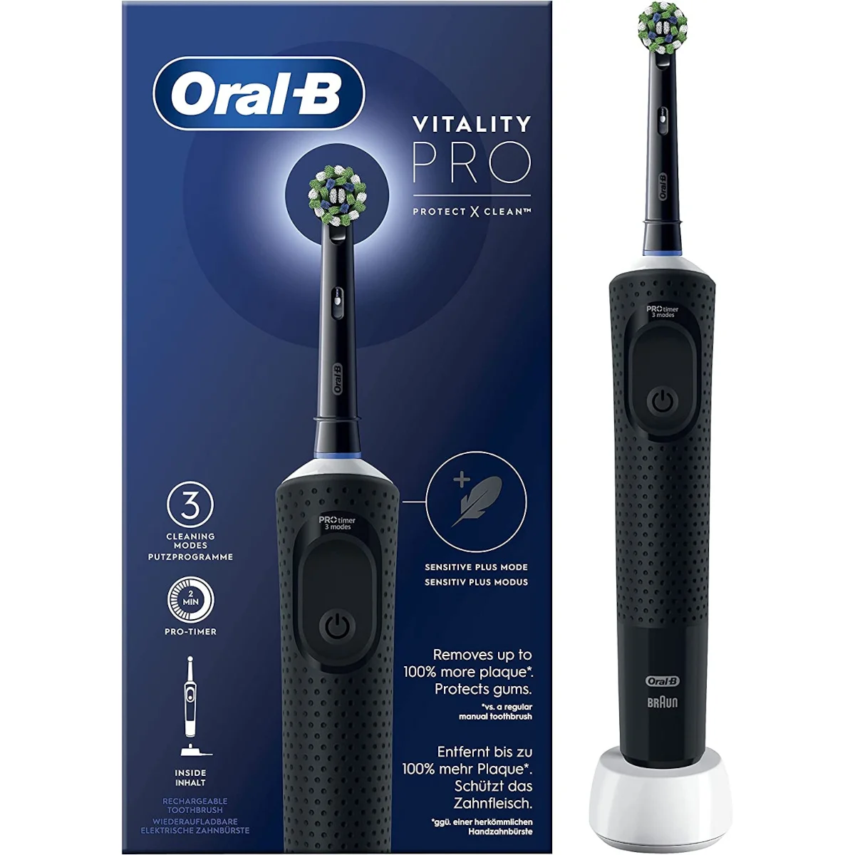 Cepillo eléctrico dientes Oral-B Vitality PRO, cepillo dental oscilante, recargable, 3 Modos Limpieza: Limpieza diaria, Sensible y Sensible Plus, temporizador 2 min, adulto, color negro y morado