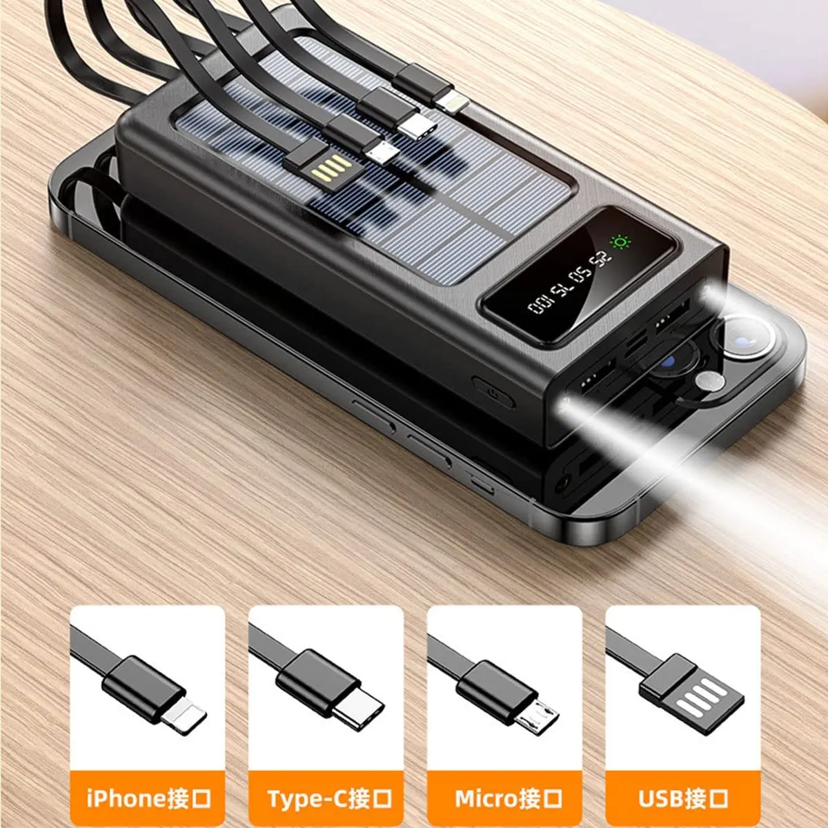Cargador portátil Solar Power Bank 12000Mah/20000Mah Gran Capacidad Incorporado 5 Salidas y 3 entradas Cable y Linterna Compatible con Todos los teléfonos Inteligentes y Dispositivos USB 5