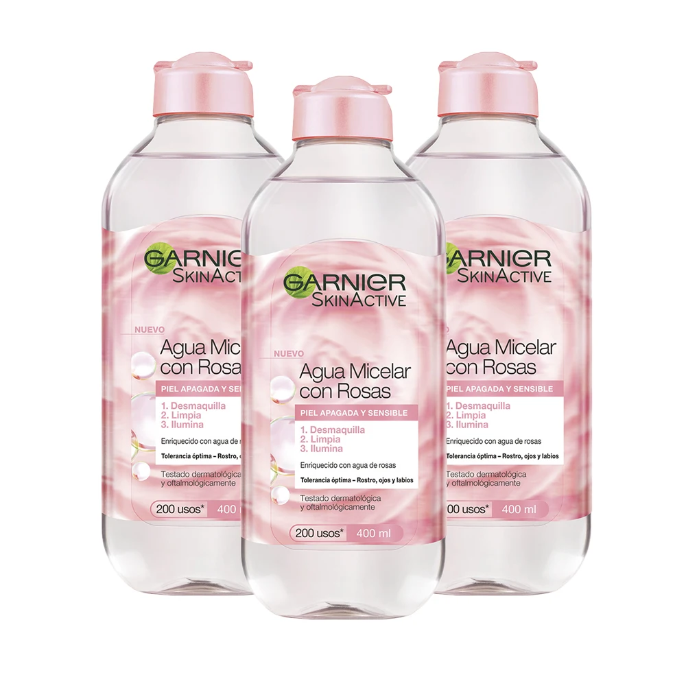 Garnier Skin Active Agua Micelar con Agua de Rosas para Piel Apagada y Sensible. Desmaquilla, Limpia e Ilumina - 4x400ml