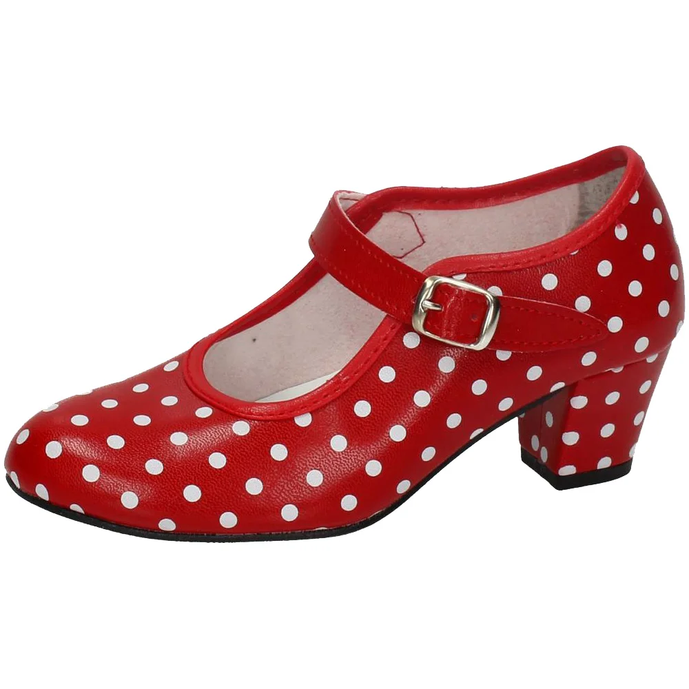 Girl's dance step brand pumps in red. Red flamenco Sevillanas with white polka dots, dance steps