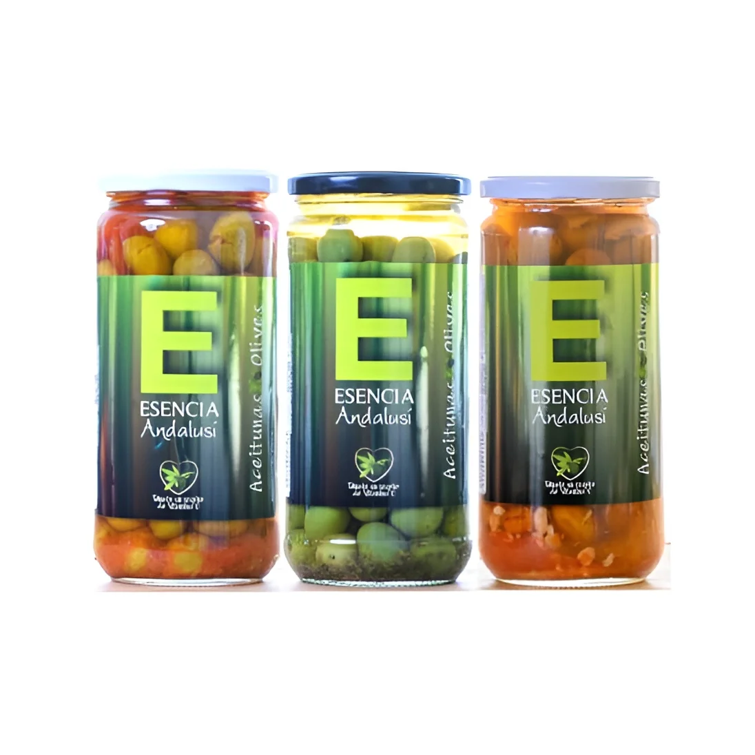 ESENCIA ANDALUSÍ GOURMET Pack Aceitunas 2100 Gr: Verdial Aliñada + Chupadeos + Mojo Picón - Producto Español