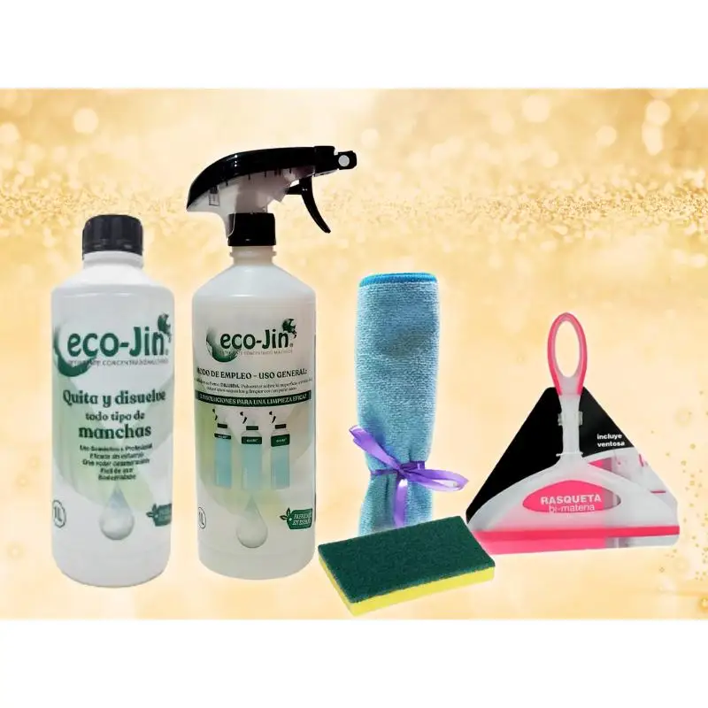 ECO-JIN DETERGENTE EXTRA CONCENTRADO AROMA A ELEGIR + RASQUETA LIMPIA CRISTALES + BAYETA MICROFIBRA + ESTROPAJO CON ESPONJA  - PRODUCTO REVOLUCIONARIO DEL QUE TODO EL MUNDO HABLA