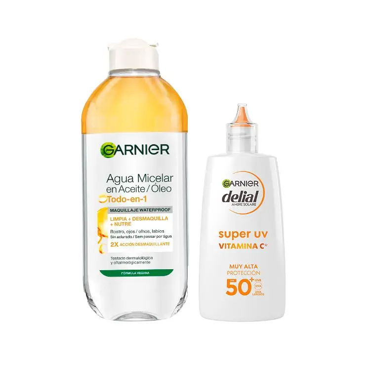 GARNIER | Skin Active Agua Micelar en Aceite para maquillajes waterproof + Garnier Delial Super UV Facial Vitamina C Fluido Anti-manchas Oscuras FPS 50+ 40ml