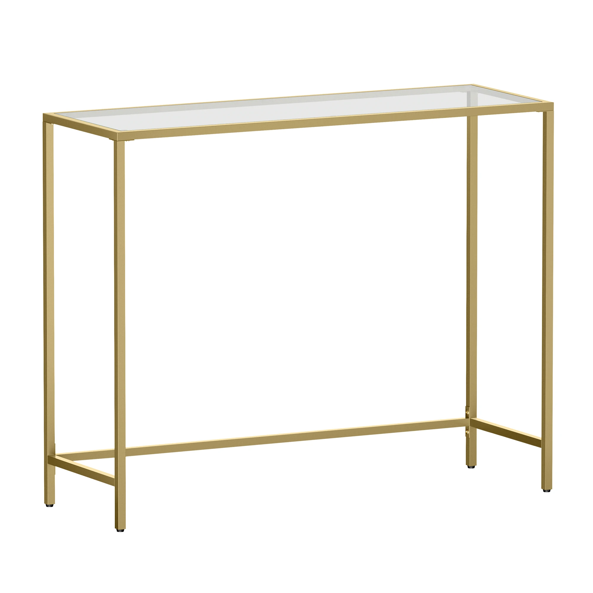 VASAGLE Mesa de Consola, Mesa de Entrada, Extremo del Sofá, Tablero de Vidrio Templado, Marco de Metal, Patas Ajustables, para Salón, Entrada, Pasillo, Dorado Pálido y Transparente/Negro Tinta y