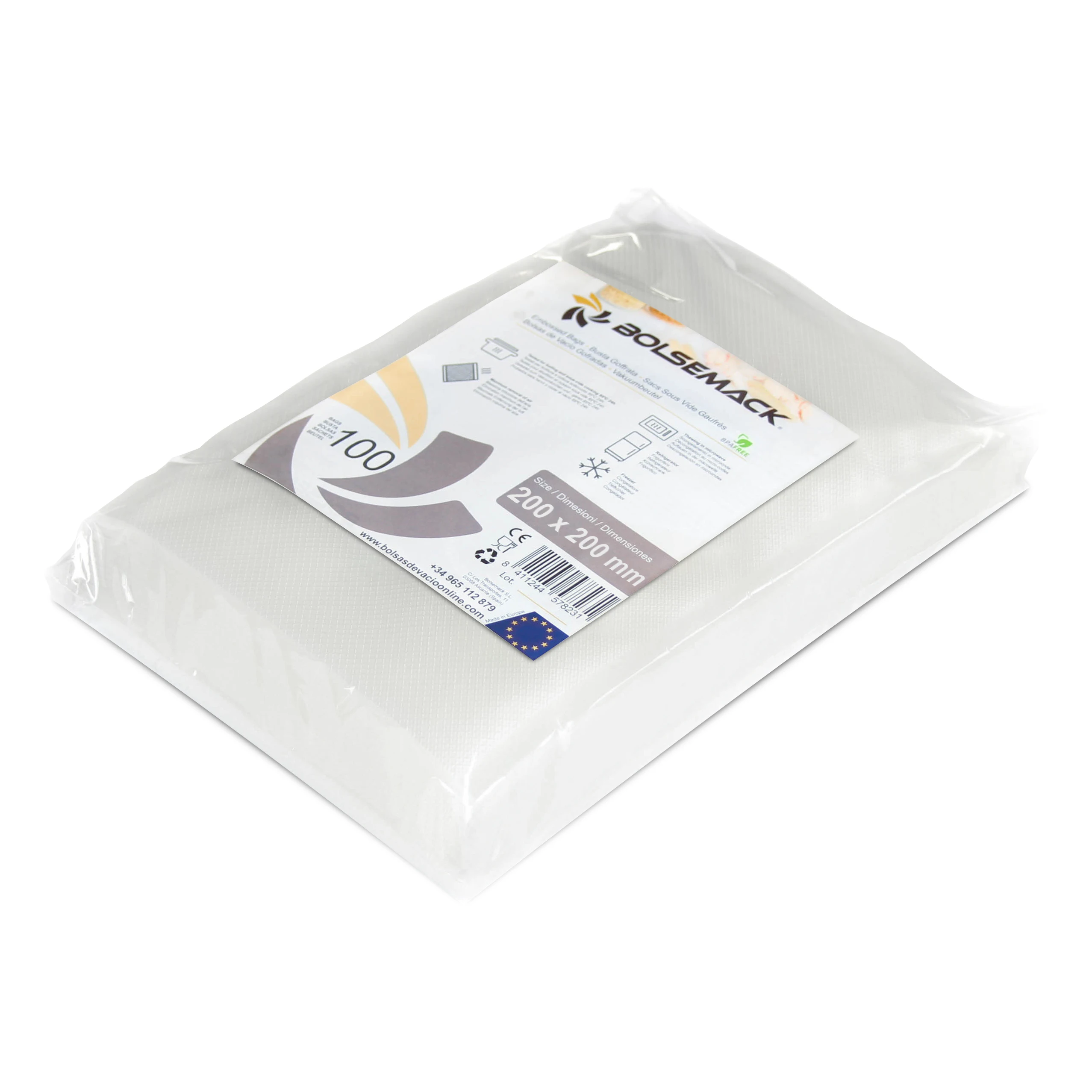 Bolsemack Bolsa gofrada envasado al vacio 200x200 mm. (20x20 cm.) 100 uds. Bolsas de vacío para alimentos Compatibles con todo tipo de envasadora al vacío doméstica Aptas para cocina sous vide Sin BPA Escanea el QR para ver el artículo en tu móvil QR app