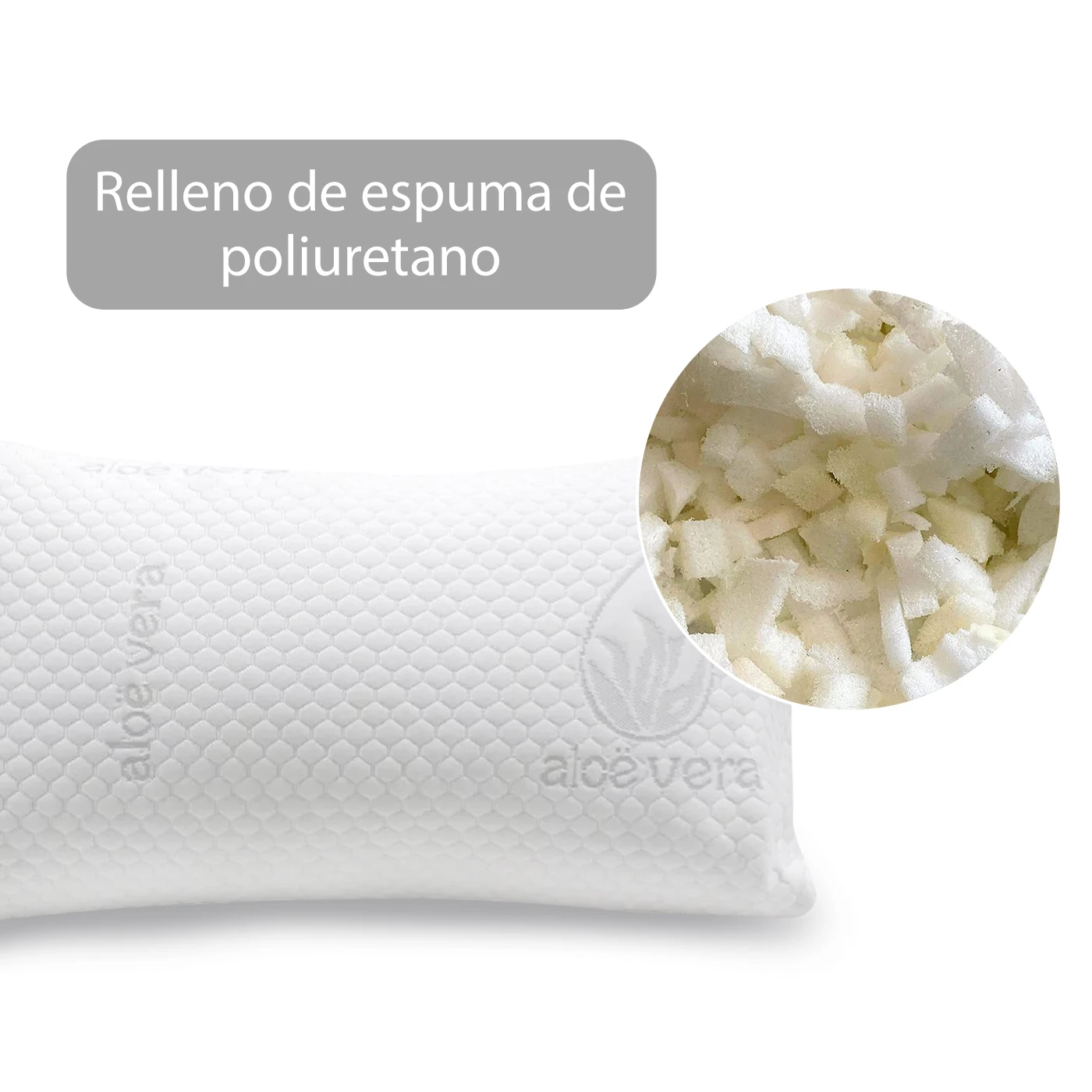 Aloe Vera pillow filled with polyurethane flakes, soft, breathable and ergonomic. Provides an optimal rest.