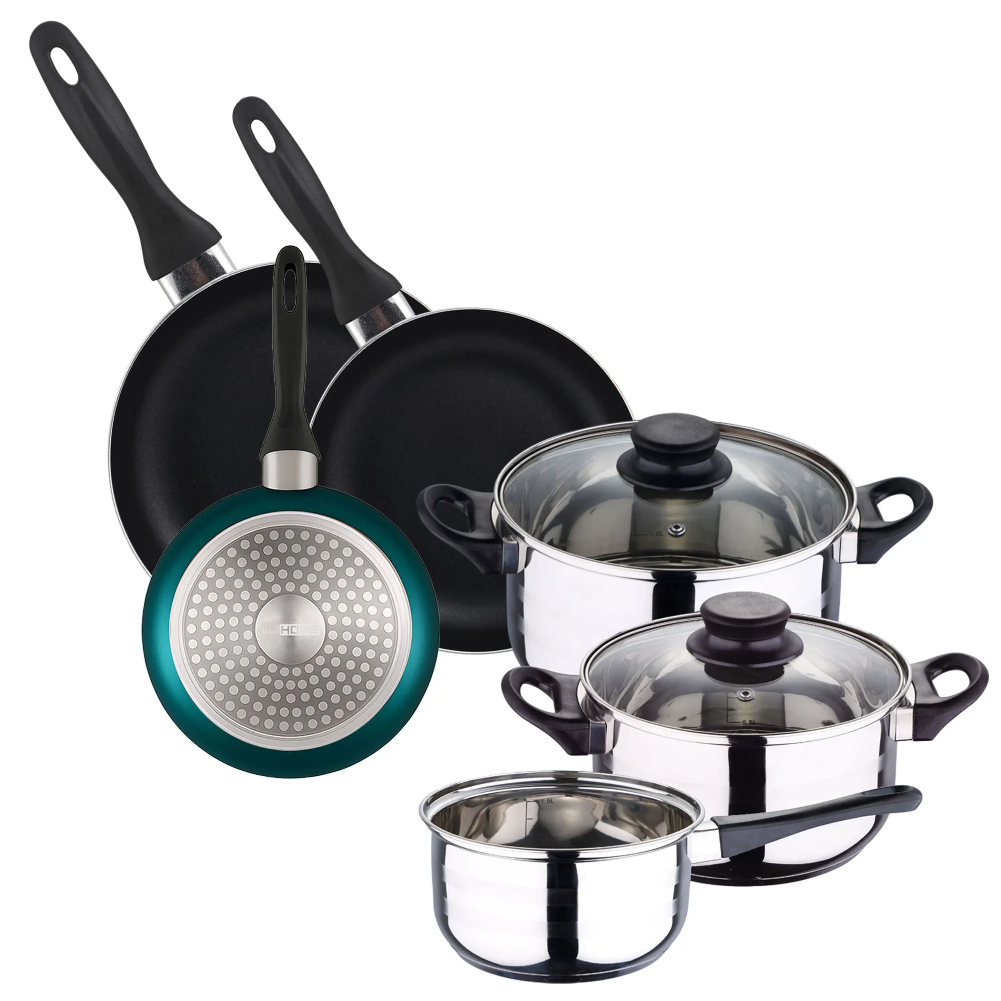 Batería de cocina 5pc acero inoxidable + Set 3 sartenes Ø16Ø20Ø24 aluminio prensado, varios colores