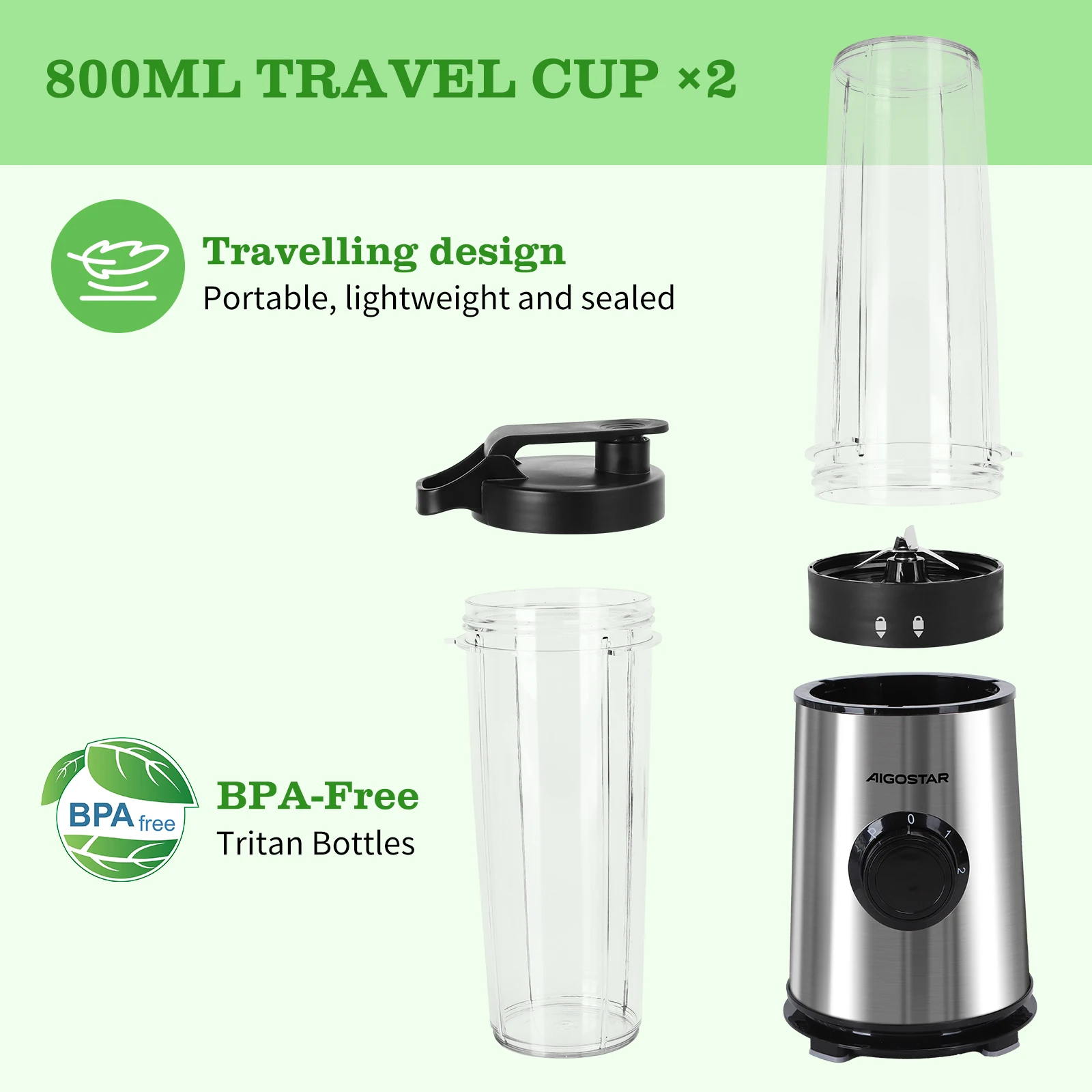 Aigostar Glass Blender - Portable 600W High Power Mixer with 800ml Jug, Stainless Steel, BPA Free, Ideal for Smoothies and Juices. #6