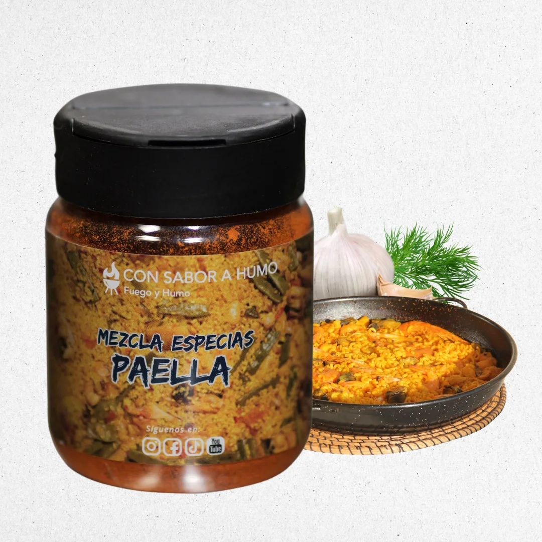 Especias para Paella Artesanal 120 gr, Polvo de Sabor a Humo, Vegano y Bajo en Grasa, Envase de Vidrio, Elaborado en España - CON SABOR A HUMO FUEGO Y HUMO