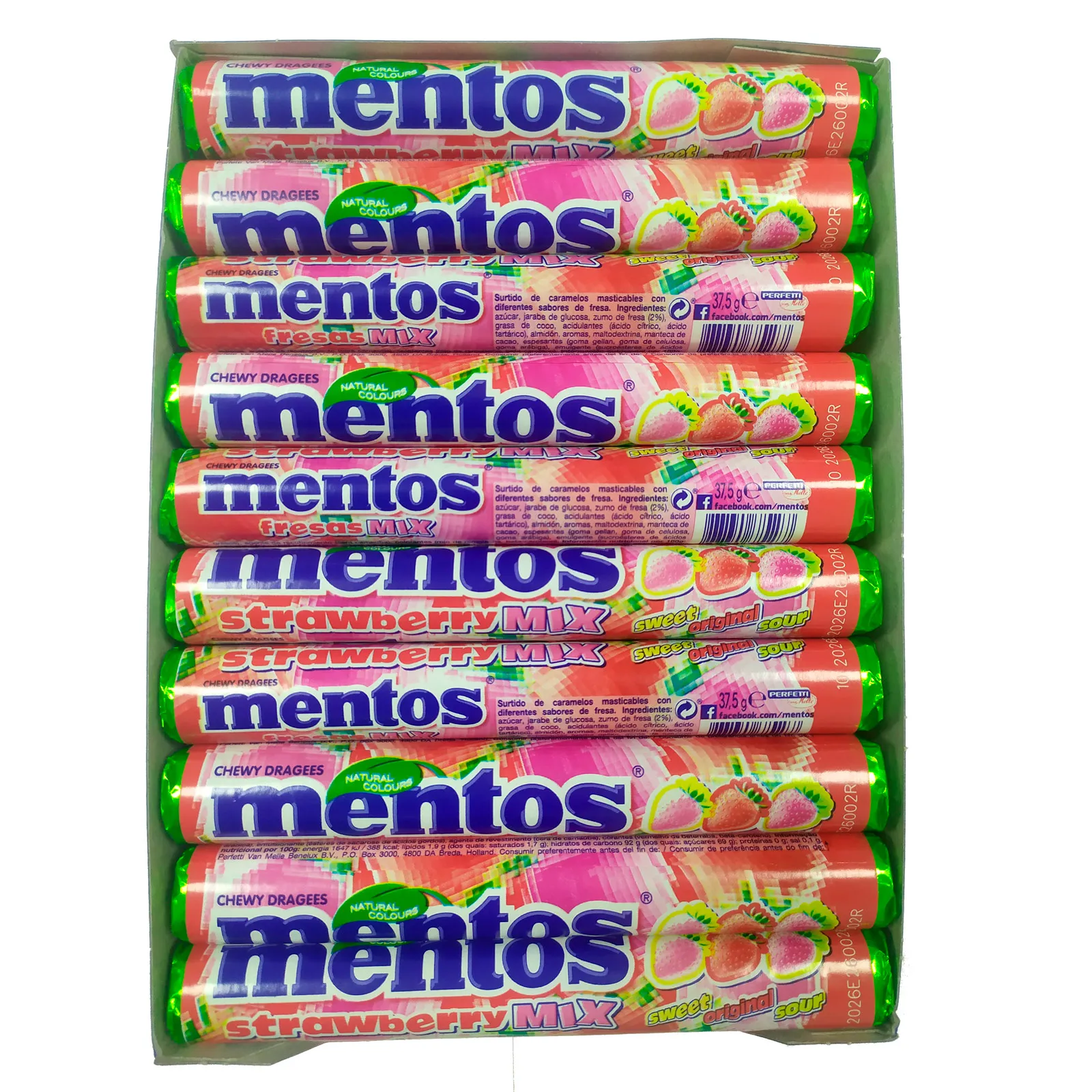Mentos Fresa Mix, Caramelo Masticable 20 unidades de 38 gr, caramelos redondos masticables de crujiente capa exterior y un interior blando (1, Fresa)