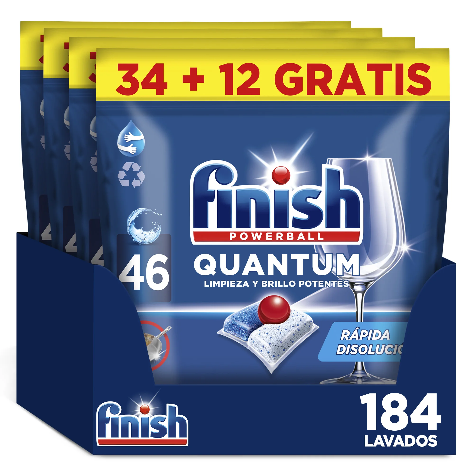 Finish Powerball Quantum, 92 | 138 | 184 Pastillas para Lavavajillas, Limpieza y Brillo Potentes, Aroma Regular Formato 2x46 | 3x46 | 4x46