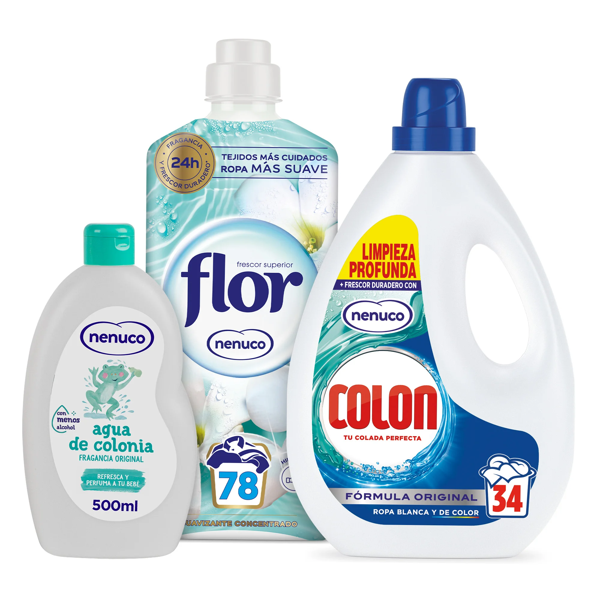 Flor Suavizante Nenuco 78 dosis + Colon Detergente Gel 34 dosis + Nenuco Agua de Colonia 500 ml | Frescor 24h | Limpieza Profunda | Fragancia Original