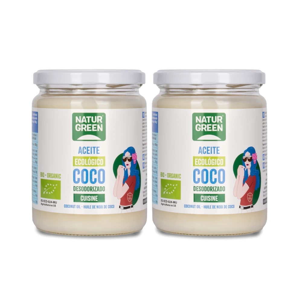 Aceite de Coco Cuisine Suave Bio 400g Pack de 2x Especial para cocinar Sabor neutro Vegetal y ecológico NATURGREEN