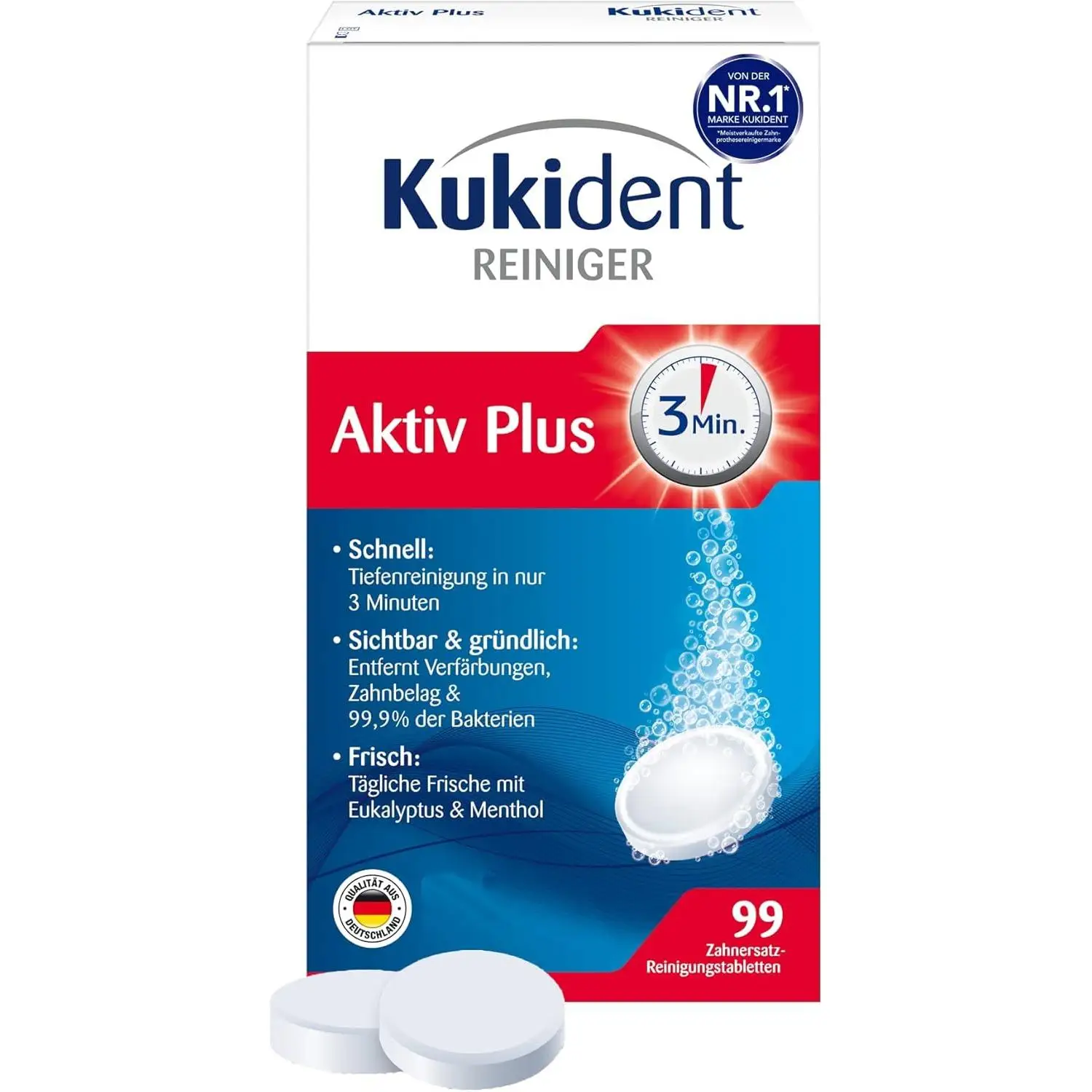 Kukident Pastillas de limpieza Aktiv Plus – Pastillas para limpieza de dentaduras postizas, prótesis dentales y dentaduras – 1 x 99 pastillas